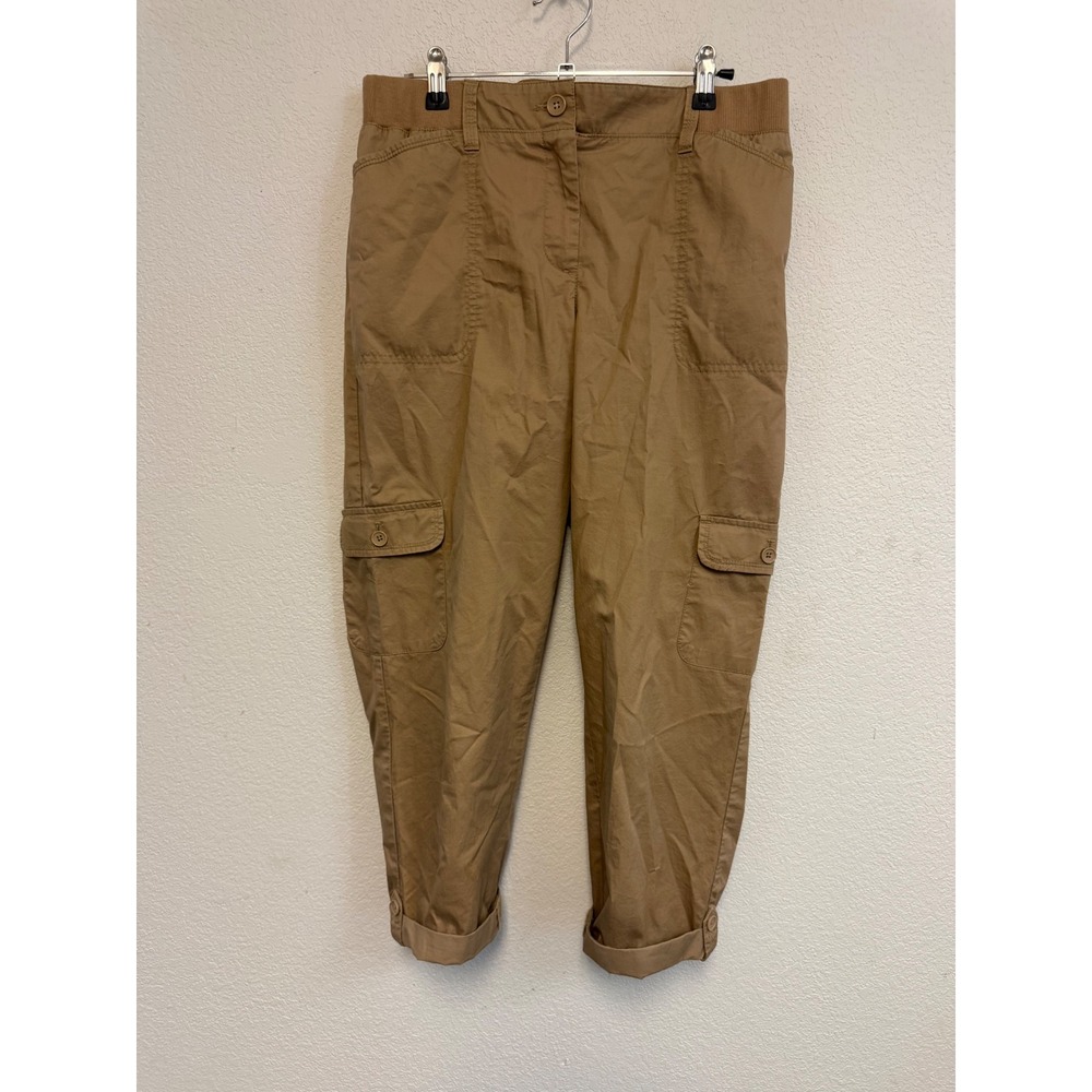 Talbots Womens Tan Khaki Cotton Cargo Pants Cuffed Elastic Waist Size 6